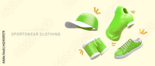 Sports clothes and shoes. Realistic green baseball cap, t shirt, shorts, sneakers. Youth style, gym cloth. Concept with floating vector elements, glowing lines. Poster with text
