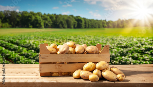 wooden box full of potatoes on table with green field on sunny day