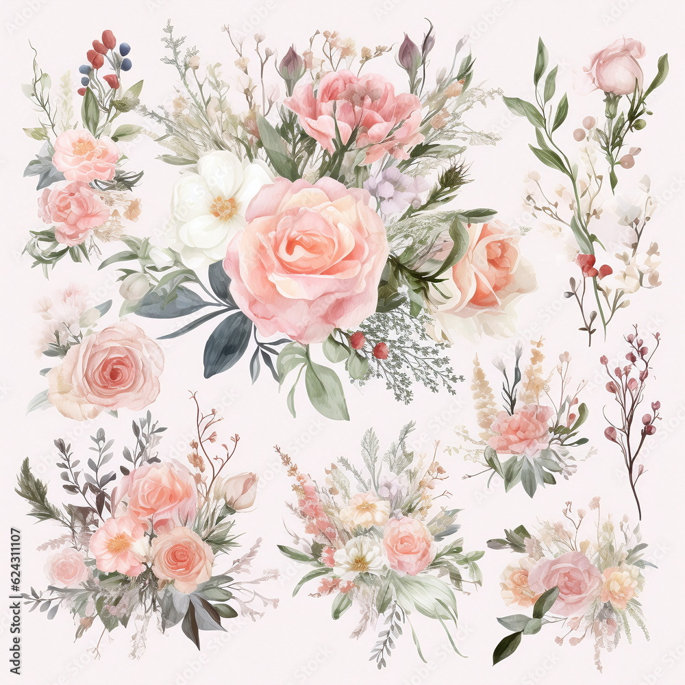 Fototapeta Blumen zum Dekorieren einer Hochzeitskarte, Pfingstrosen, hellrosa Aquarell Stil, einzelne Gestecke 10, AI generiert