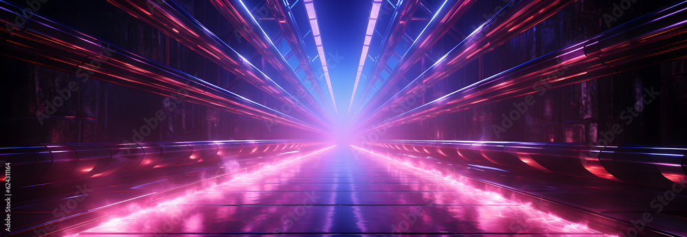 Naklejka premium glowing lines tunnel neon lights background Generative AI