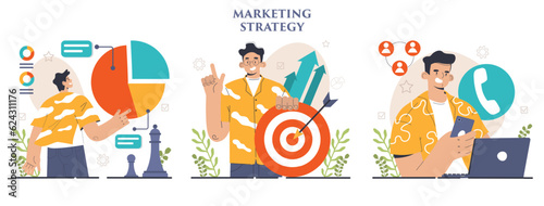 Marketing strategy development set. Marketing campaign, commercial