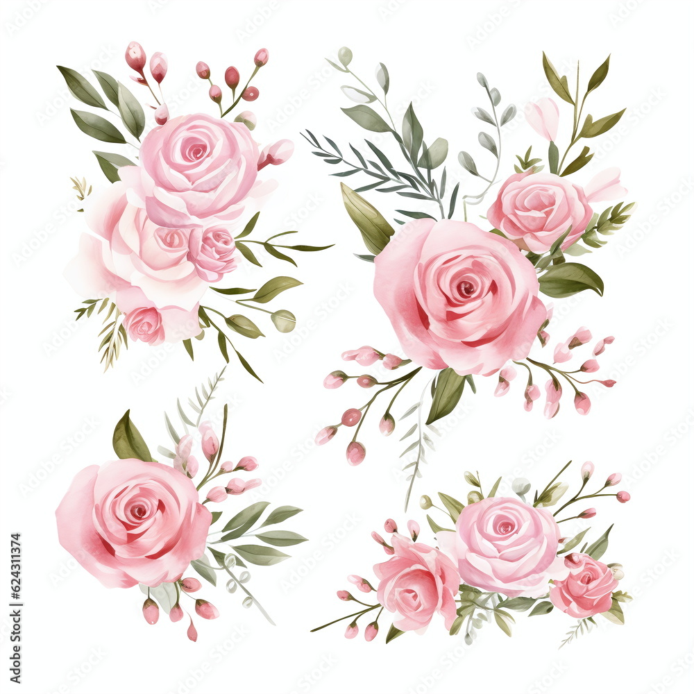 Blumen zum Dekorieren einer Hochzeitskarte, Pfingstrosen, hellrosa Aquarell Stil, einzelne Gestecke 12, AI generiert
