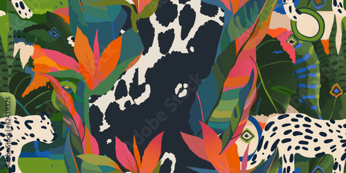 Abstract tropical flowers print with leopards. Botanical abstract contemporary seamless pattern. collage hand drawn unique print.