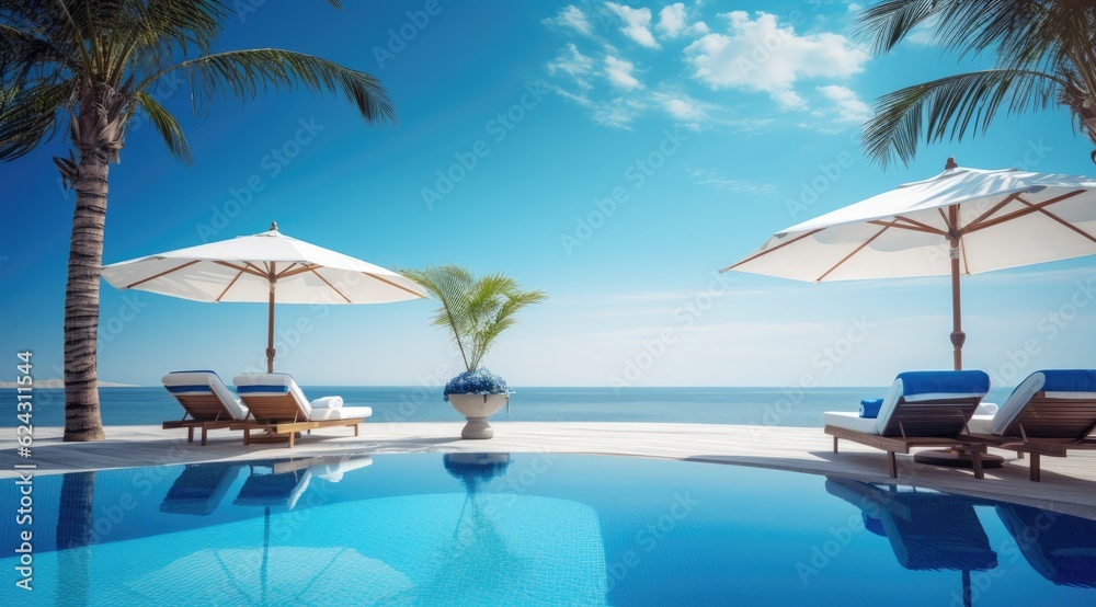 Luxurious swimming pool and loungers umbrellas near beach and sea with palm trees.