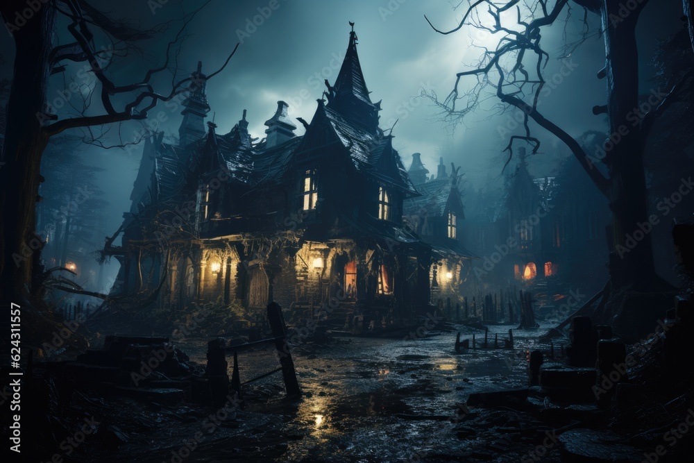 Old haunted abandoned mansion in creepy night forest. Halloween haunted house. Generative AI