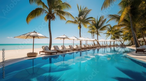 Luxurious swimming pool and loungers umbrellas near beach and sea with palm trees. © Lubos Chlubny