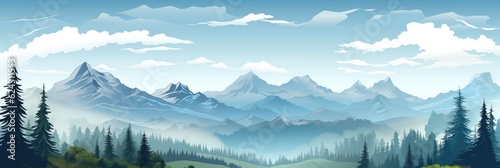 Watercolor painting of beautiful mountains  mountain peak landscape with forest. Panorama banner. Generative AI