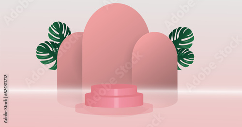 PINK PODIUM WITH PINK BOARD AND LEAF BACKGROUND EPS 10
