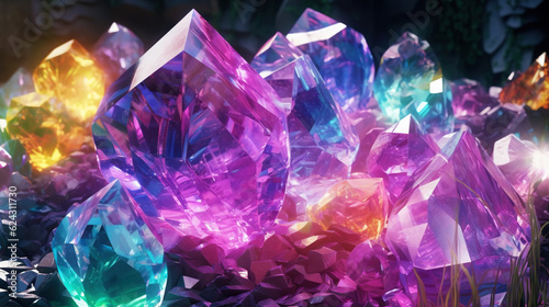 Amazing bright and shiny Fluorite crystal cluster background. Jewel mineral detailed macro. Generative AI
