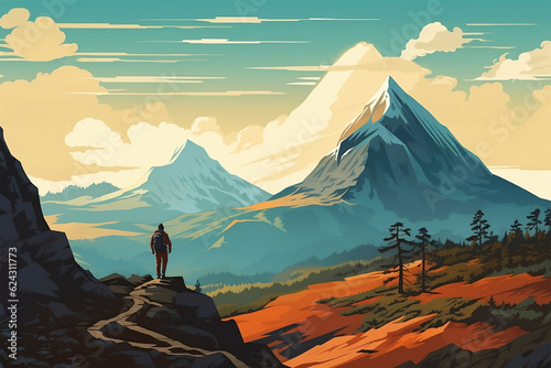 Male backpacker enjoying sunny scenic mountain landscape view