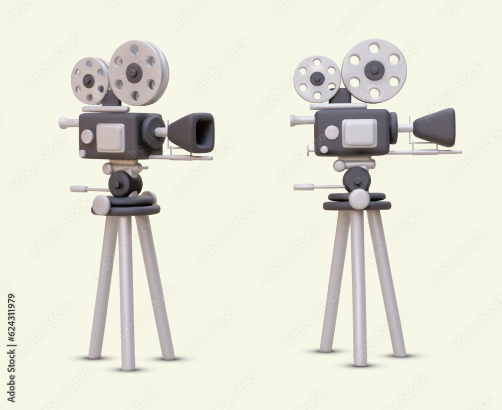 Obraz premium 3D professional video camera in different positions. Equipment for high quality video recording. Retro film recorder, news camera on tripod. Vector illustration with shadows