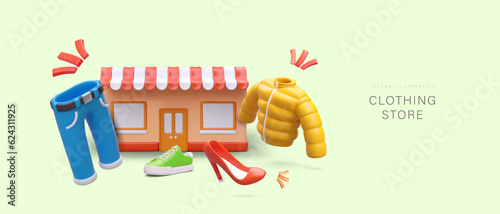 3D store building with striped canopy, colorful clothes and shoes for different seasons. Advertising in cartoon style. Internet shop, online shopping. Things for men and women