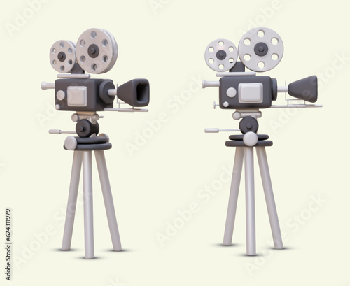 3D professional video camera in different positions. Equipment for high quality video recording. Retro film recorder, news camera on tripod. Vector illustration with shadows