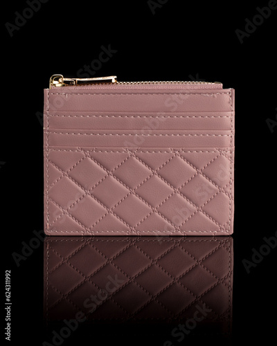 Women's business card holder wallet with gold hardware on black background