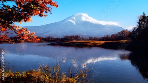 Fuji Mountain Reflection and Red Maple Leaves with Morning Mist in Autumn - ai generateed
