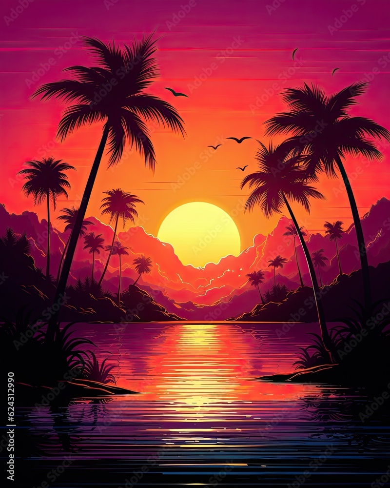 There is a painting of a sunset with palm trees, a small island, and two boats floating in the water. (Generative AI)