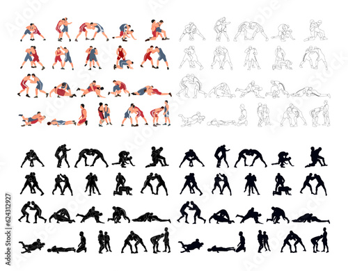 Set of wrestlers silhouettes. Image of greco roman wrestling, martial art, sportsmanship