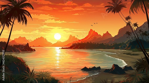 The painting depicts a sunset with a beach, mountains, and orange sky. (Generative AI)
