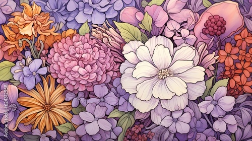 There is a close-up of various colored flowers.  Generative AI 