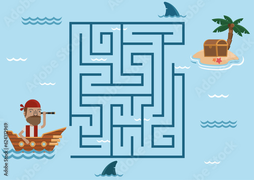 Printable maze for kids. Pirate edition. Preschool educational activity.