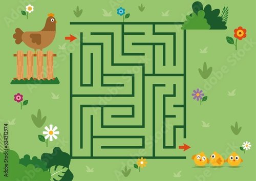 Printable maze for kids. Chicken edition. Preschool educational activity.