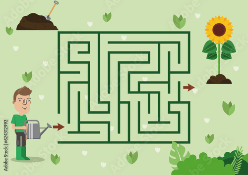 Printable maze for kids. Planting edition. Preschool educational activity.