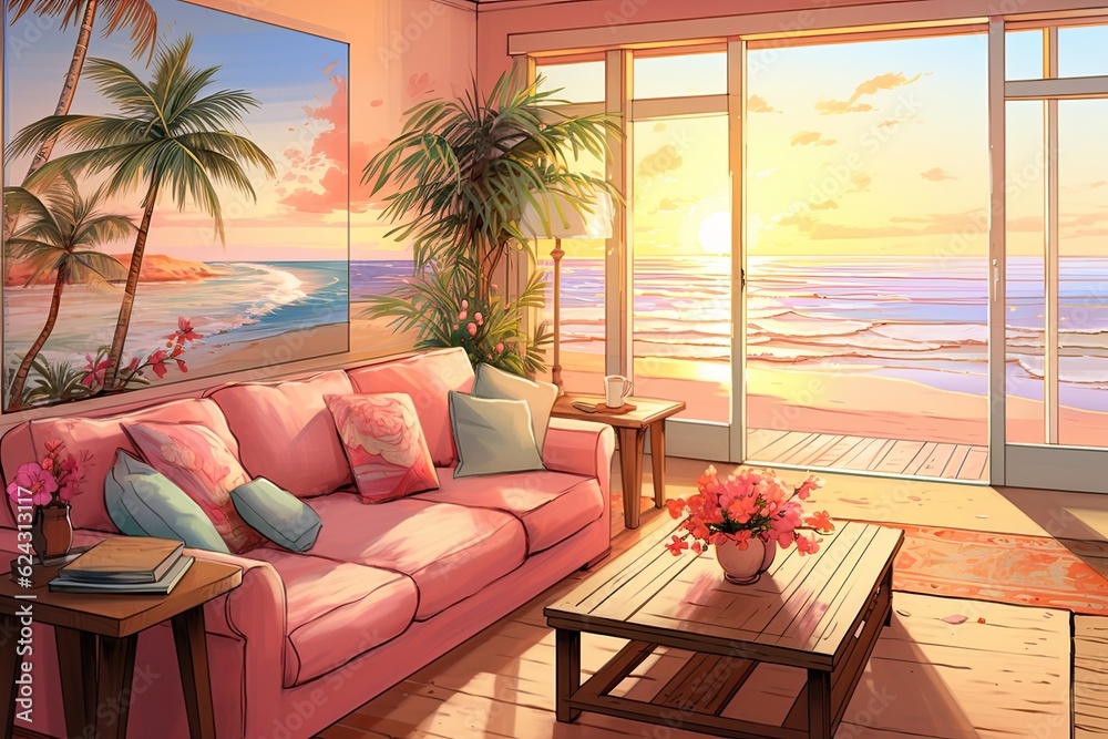 Obraz premium The living room has a couch, a beach painting, and a palm tree. (Generative AI)