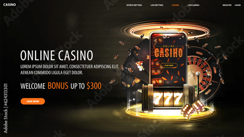 Online casino, dark web banner with offer, smartphone, black neon slot machine, black playing cards, dice and poker chips inside gold portal
