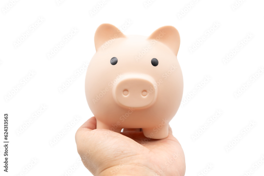 Piggy Bank on palm of hand with isolated background. Financial concept.