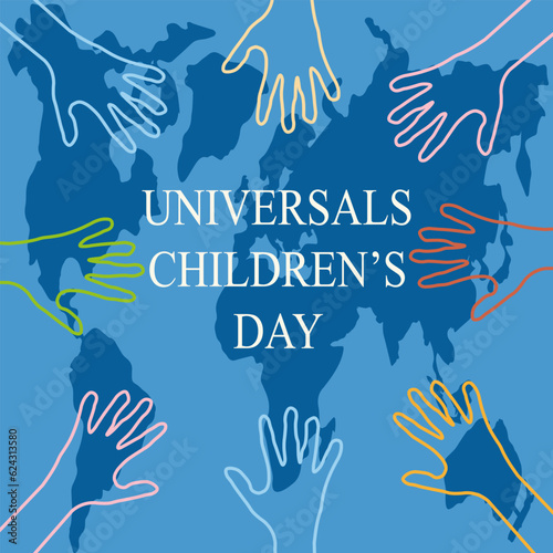 Universals Children's day concept with colorful silhouette Children hands on world map background. Square holiday banner cover for 1st june. Vector illustration.