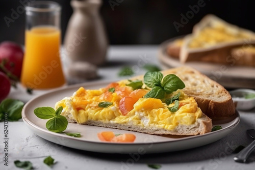 Egg omelet. The breakfast is beautifully served in the restaurant. Generative AI.