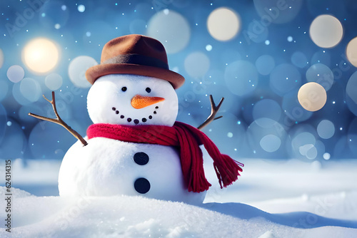 Winter holiday Christmas background banner - Closeup of the cute funny laughing snowman with a wool hat and scarf, on a snowy snow snowscape with bokeh lights, illuminated by the sun © GEMES