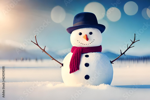Winter holiday Christmas background banner - Closeup of the cute funny laughing snowman with a wool hat and scarf, on a snowy snow snowscape with bokeh lights, illuminated by the sun