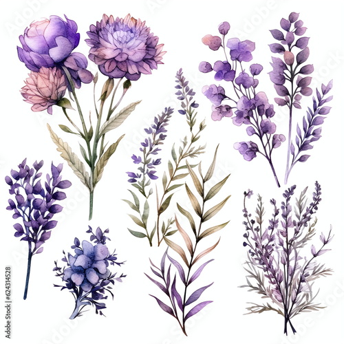 Blumen zum Dekorieren einer Hochzeitskarte mit Lilien und Orchideen in violette Farbton, Aquarell Stil, 16, AI generiert