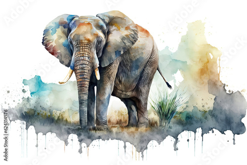 Beautiful big wild elephant in the grass  watercolor illustration generative AI