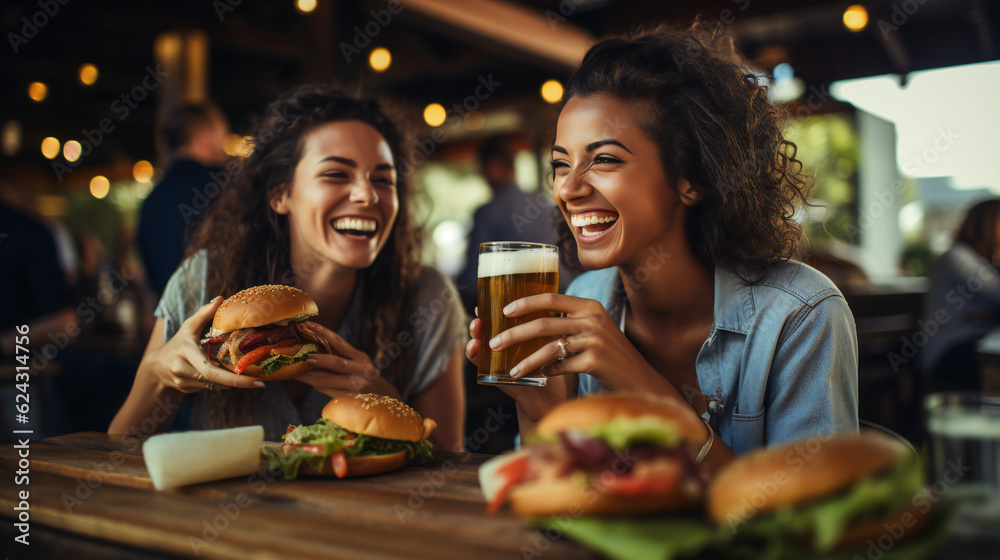 Women Friends eating hamburgers and drinking Beer in Bar, Restaurant, Fastfood