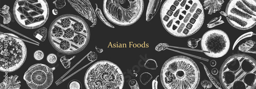 Asian Restaurant Menu. Hand-drawn illustration of dishes and products. Ink. Vector