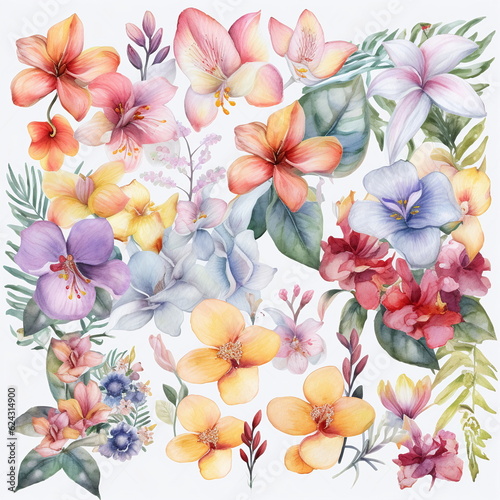 Blumen zum Dekorieren einer Hochzeitskarte mit orchideen und frangipani in verschiedenen Farbt  nen  Aquarell Stil  2  AI generiert