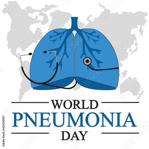 World Pneumonia Day banner in Trendy minimal style with inscription. Human Lungs with Map of Earth and stethoscope. Contemporary Medicine poster with Lungs. Vector illustration.