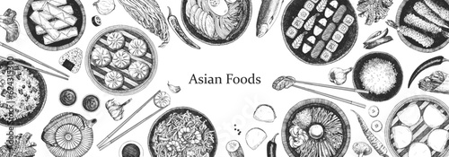 Asian Restaurant Menu. Hand-drawn illustration of dishes and products. Ink. Vector