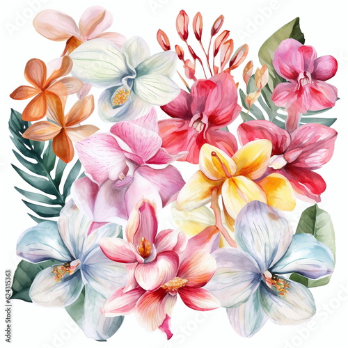 Blumen zum Dekorieren einer Hochzeitskarte mit orchideen und frangipani in verschiedenen Farbt  nen  Aquarell Stil  9  AI generiert