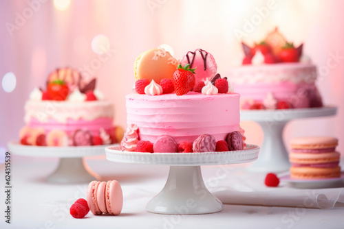 Stampa su tela Beautiful cakes and desserts in pink tones on a pink background