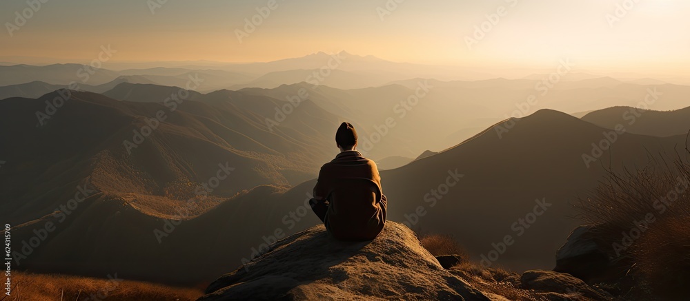 Rear view of a person meditating - obrazy, fototapety, plakaty 