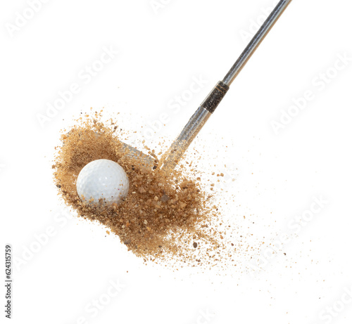 Golf ball explode from sand bunker. Golfer hit ball with club to sand explosion to green. Golf club hit ball in sand bunker explosion. White background isolated freeze motion