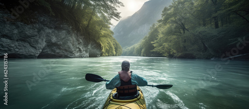 A person kayaking in a tranquil river canyon shrouded in mist. photo
