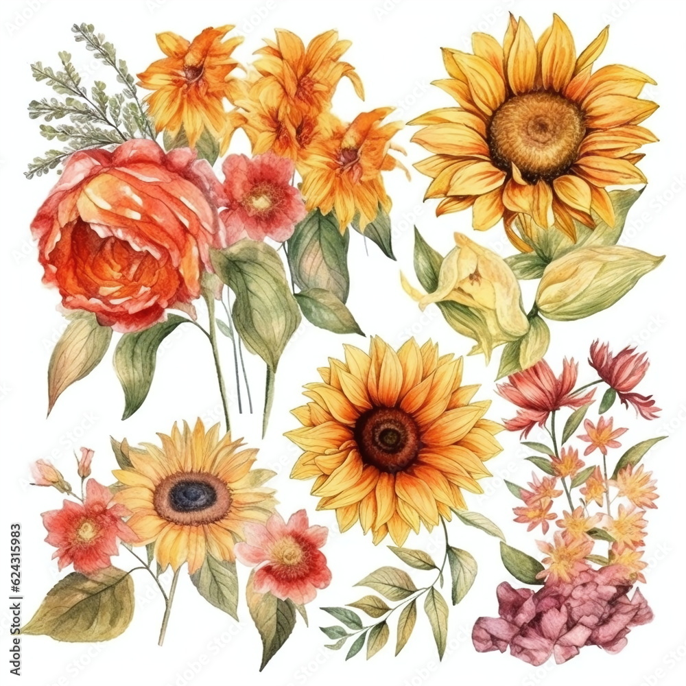 Blumen zum Dekorieren einer Hochzeitskarte mit 
Sonnenblumen und Dahlien in gelben und roten Farbtönen, Aquarell Stil, 6, AI generiert