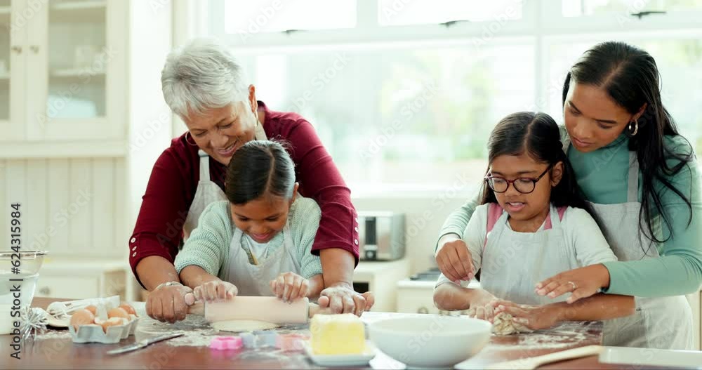 Cooking, happy and food with big family in kitchen for learning, generations and support. Baking, breakfast and grandmother with children and mother at home for cookies, teaching and chef