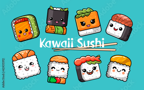 Cute funny sushi and rolls characters in kawaii style. Vector illustration.