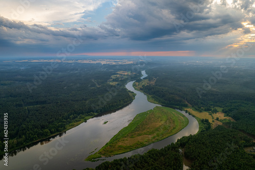 Aerial summer storm rainbow view of Merkine, Merkys and Nemunas rivers, Lithuania photo