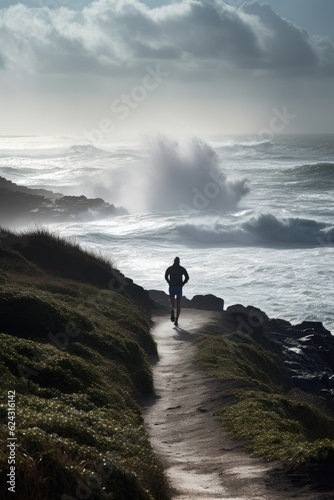 A jogger on a coastal trail with the sun setting over turbulent ocean waves.